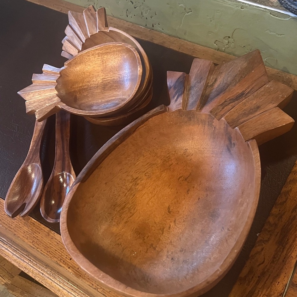 Vintage Handcrafted Monkey Pod Wood Pineapple Salad Set 7pc Philippines Tiki - Picture 6 of 12